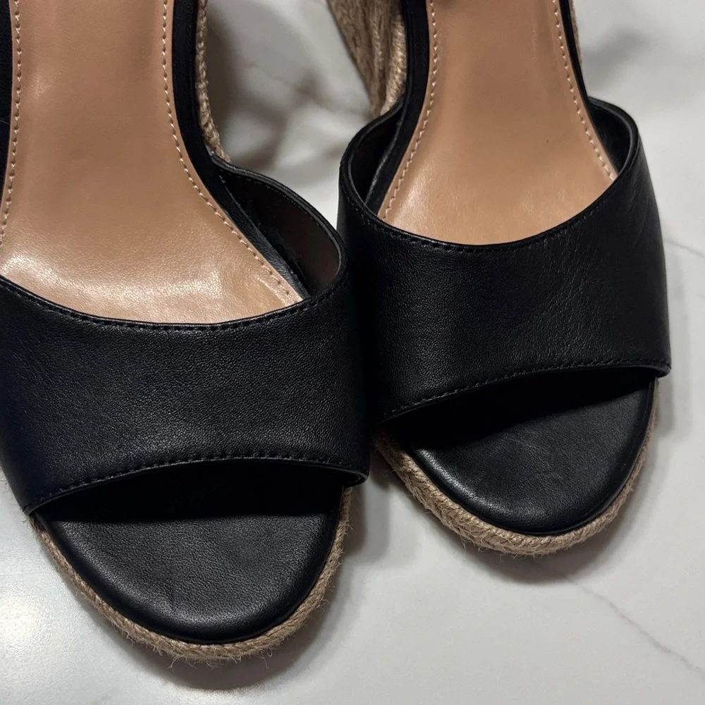 Vince Black Leather Wedge Espadrilles